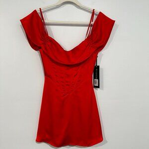 White Fox Boutique Red Satin Corset Mini Dress Off Shoulder Holiday Party